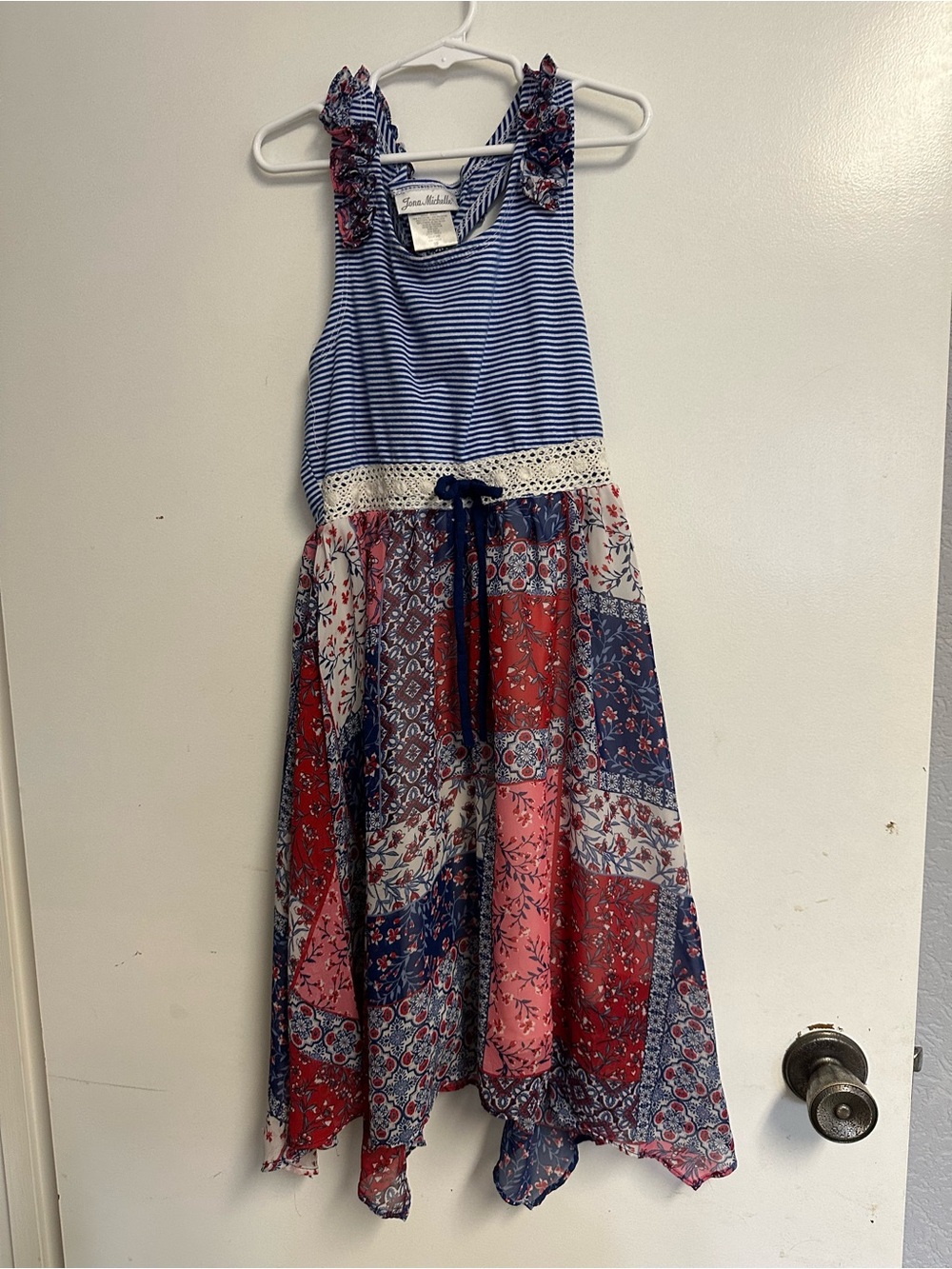 Jona Michelle Blue, Red and Pink Patchwork Maxi Dress with Lace Waist